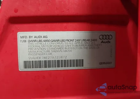 2007 Audi A4 2.0T from USA, damaged, VIN WAUDF78E27A127472